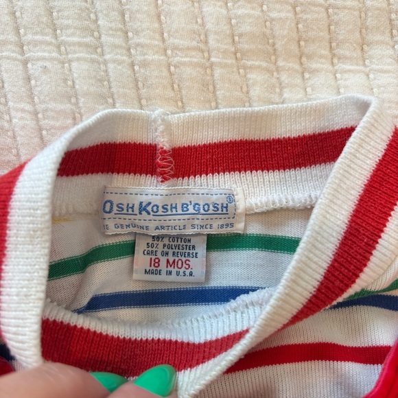 OshKosh B'Gosh Vintage 80's Rainbow Striped Mock Neck 18 mos Shirt Red Overalls - Picture 6 of 14